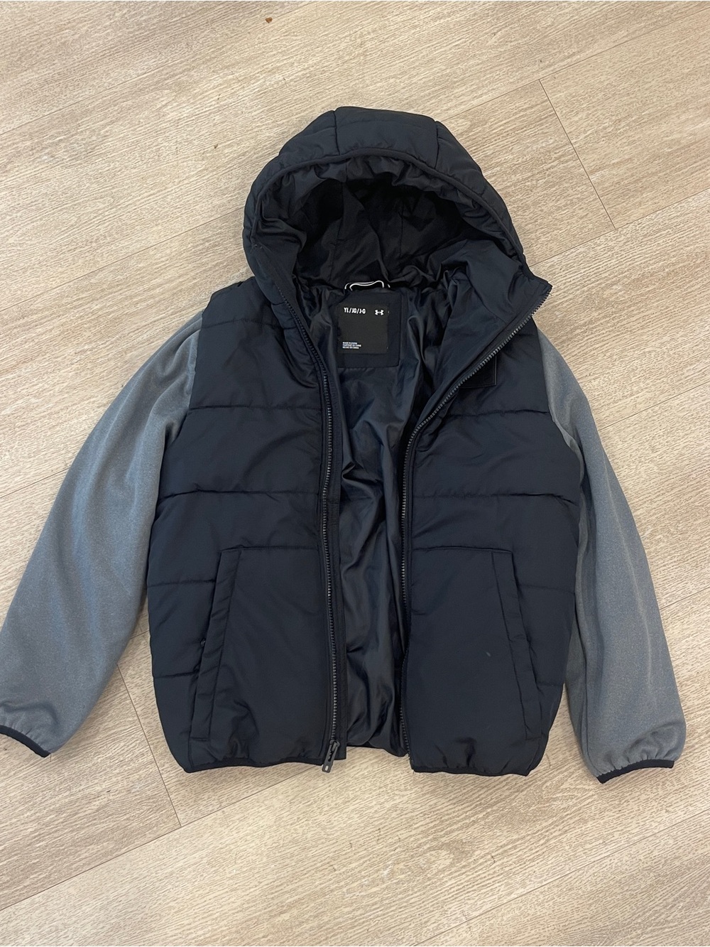 Under Armour Kids Black Puffer Jacket with Gray Sleeves and Hood